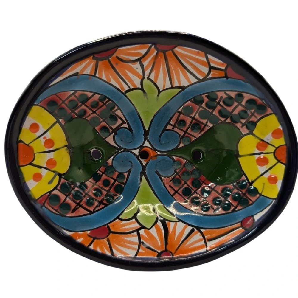 Mexican Hand Painted Soap Dish Red Clay Decorative Multicolors Folk Art